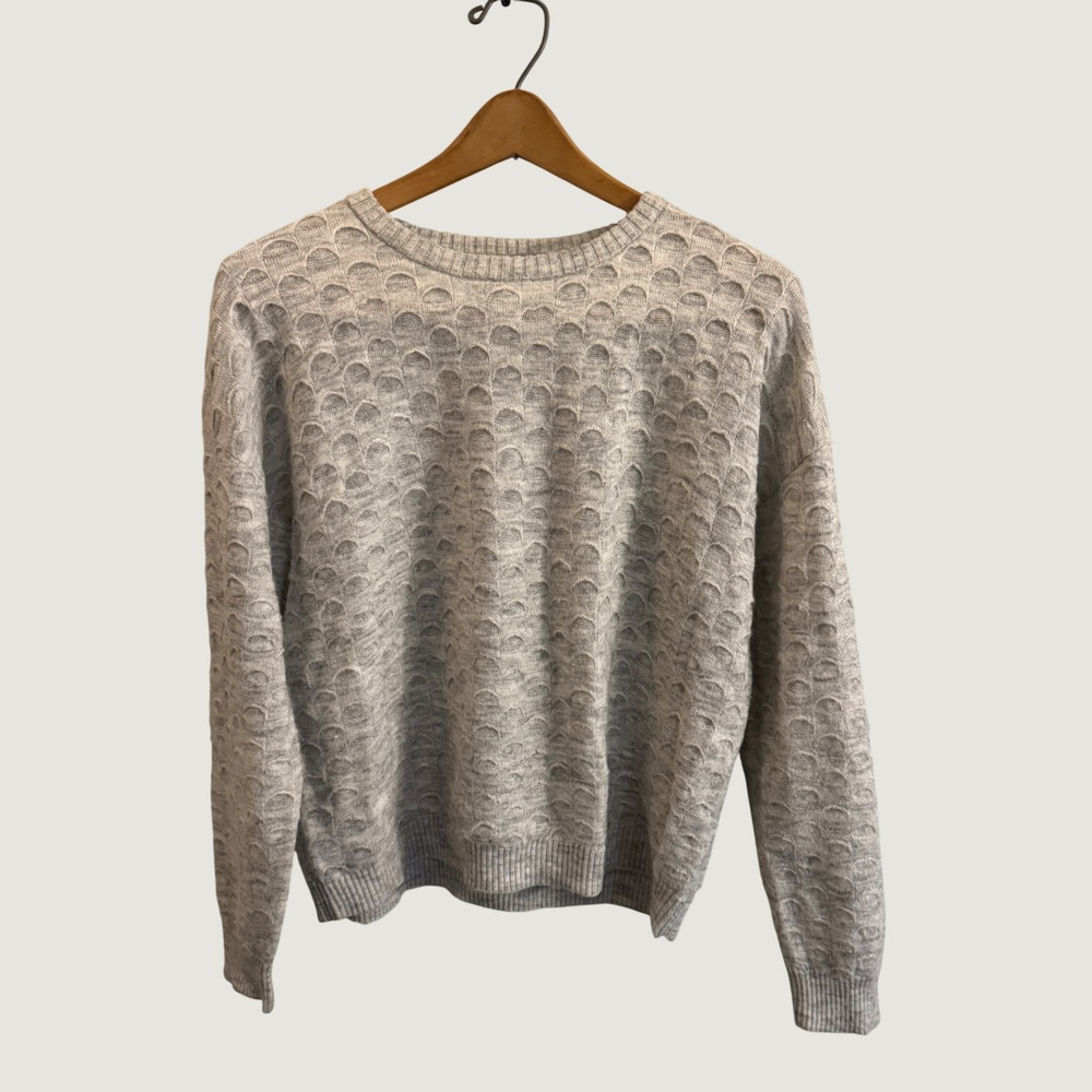 Dex Womens Grey Scallop Textured Knit Wool Alpaca Blend Crewneck Sweater Small